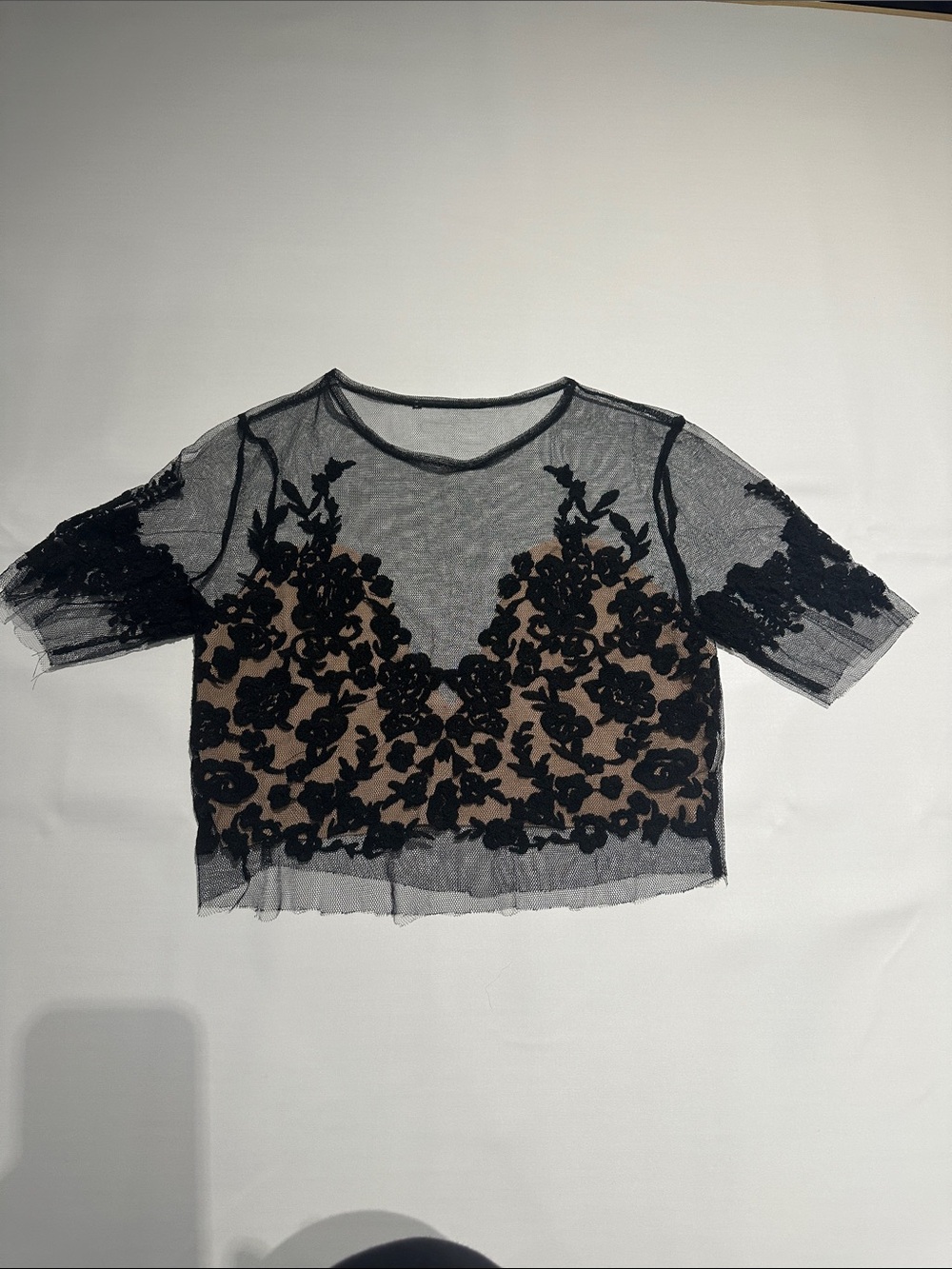 For Love & Lemons Black Floral Lace Overlay Crop Top with Nude Underlay